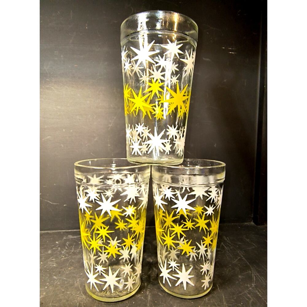 2009.  Set MCM Atomic Starburst Hazel Atlas 1950s Drinking Glasses Yellow White